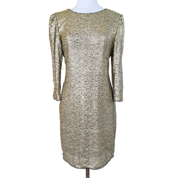 DKNY Gold Sequin Cocktail Party Dress Size 10 Sheath 3/4 Sleeve - Picture 2 of 9